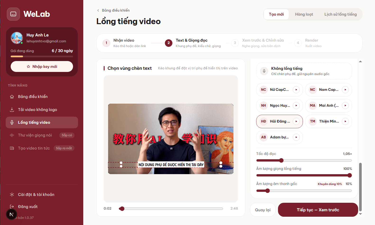 Màn hình Text & Giọng đọc: chọn vùng phụ đề và giọng đọc